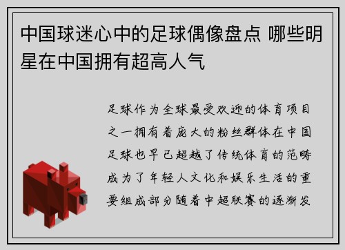 中国球迷心中的足球偶像盘点 哪些明星在中国拥有超高人气